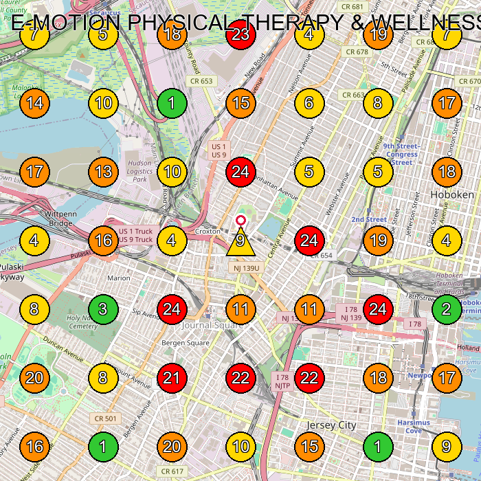 E-MOTION PHYSICAL THERAPY & WELLNESS Physical Therapy Clinic GeoGrid ranking map for Jersey City NJ